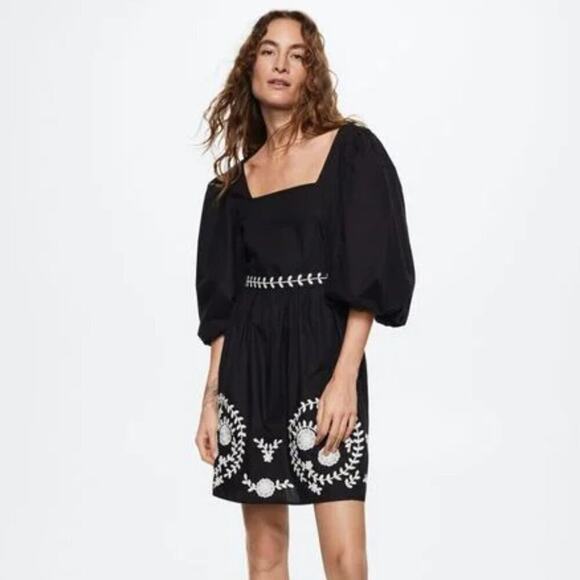 🖤 MANGO Puff Sleeve Mini Dress NWT | Embroidered Cotton Bow Back 6 - Picture 6 of 14
